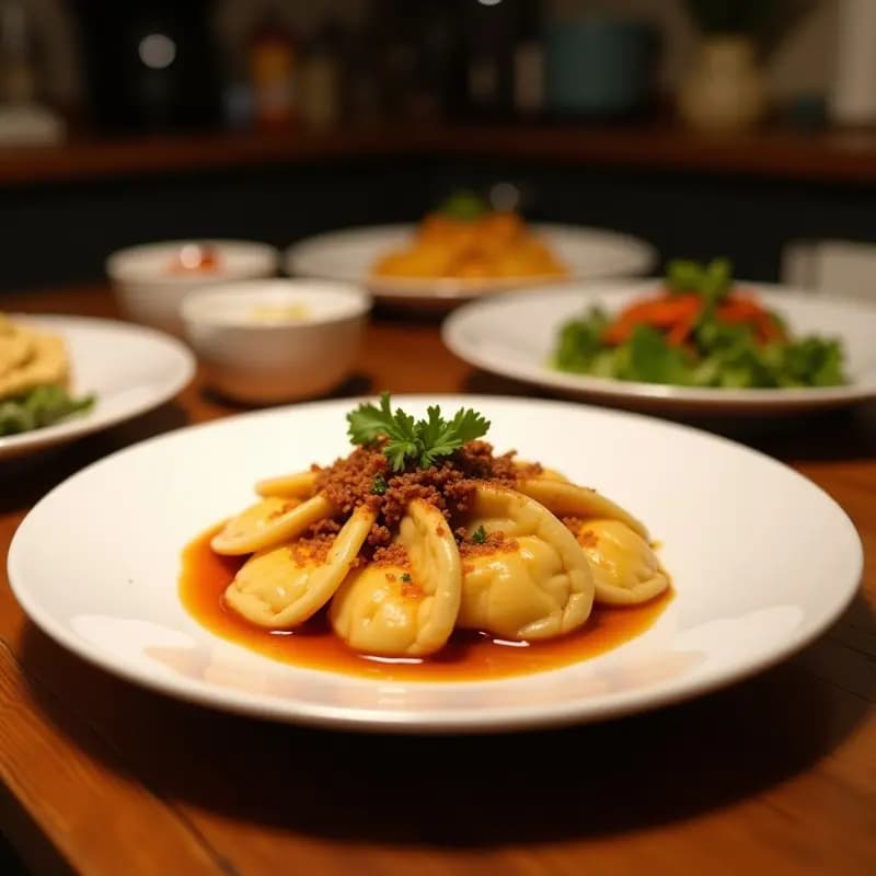 Plato blanco con gyoza japonesas de cerdo y repollo doradas por abajo, dispuestas en círculo, con vapor saliendo de algunas. Acompañadas de un bol pequeño con salsa de soja oscura y semillas de sésamo espolvoreadas.