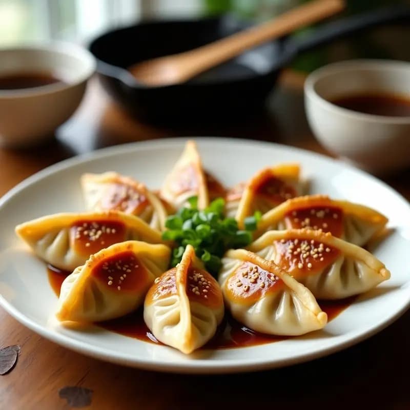 Plato blanco con gyoza japonesas de cerdo y repollo doradas por abajo, dispuestas en círculo y bañadas con salsa teriyaki casera brillante. Semillas de sésamo tostadas espolvoreadas y cebolla verde picada como decoración. Fondo desenfocado con sartén de hierro y utensilios de cocina.