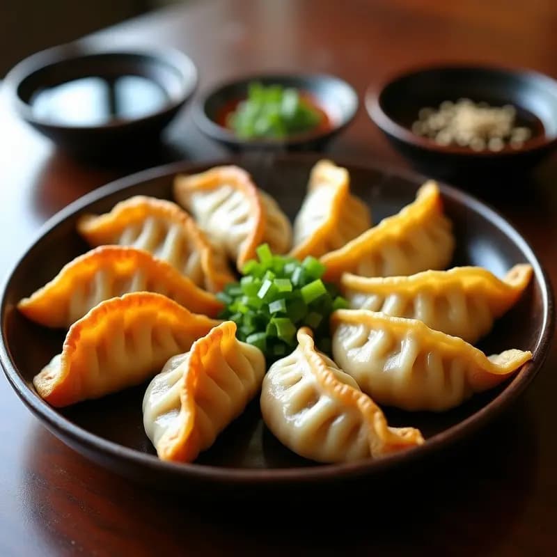Plato de madera oscuro con gyoza japonesa de cerdo y repollo doradas por abajo y al vapor, dispuestas en círculo con pliegues característicos. Acompañadas de un bol pequeño con salsa gyoza y decoradas con tiras de nori y semillas de sésamo. Fondo borroso con vapor.