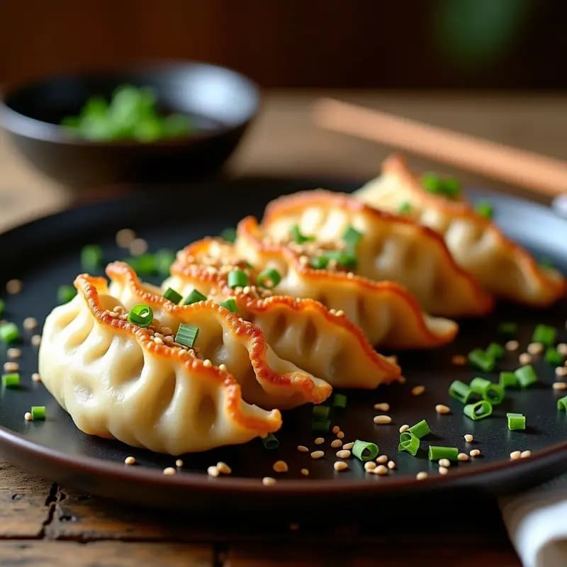 Gyoza japonesas veganas de champiñones shitake y repollo, doradas y crujientes por fuera, alineadas en un plato de madera oscuro con semillas de sésamo y cebollino espolvoreados. Fondo borroso con salsa de soja y palillos.