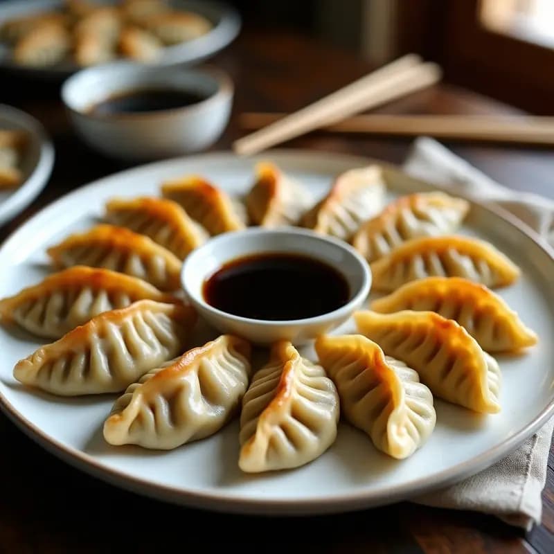 Gyoza veganas crujientes con relleno de col y hongos shitake, doradas por la base y dispuestas en un plato de madera con salsa de soja y semillas de sésamo. Plato japonés tradicional en versión vegetal.