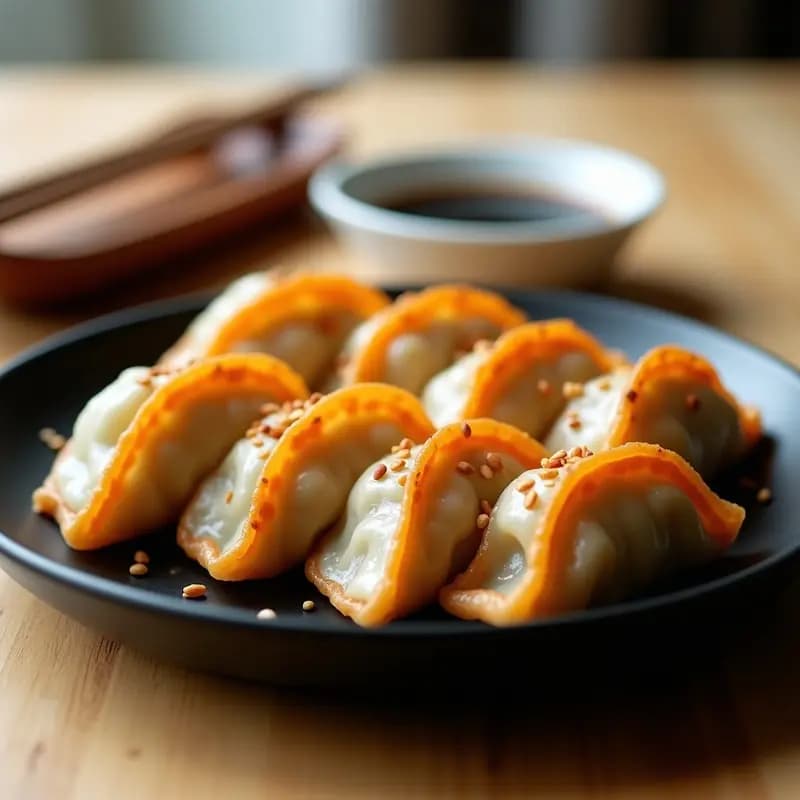 Gyoza dorados y crujientes de col morada y zanahoria en airfryer, servidos en un plato blanco con semillas de sésamo espolvoreadas y una salsa oscura para mojar. Entrante japonés vegano y sin fritura.
