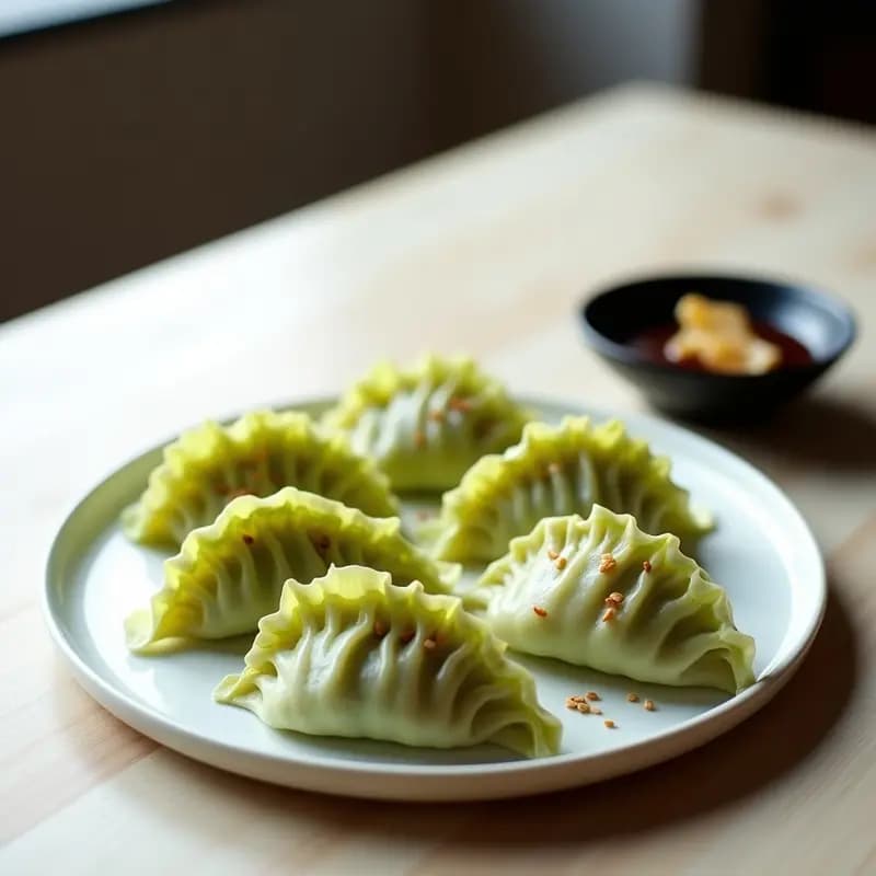 Gyoza japonesas veganas al vapor, rellenas de raíces de loto y jengibre, servidas en una vaporera de bambú con salsa de tamari y semillas de sésamo.