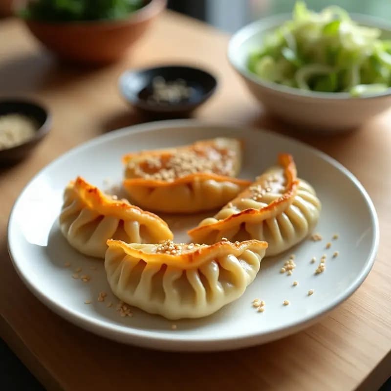 Gyoza de col repollo y zanahoria sin harina en airfryer, dorados y crujientes, servidos en plato blanco con semillas de sésamo espolvoreadas y salsa de soja al lado.