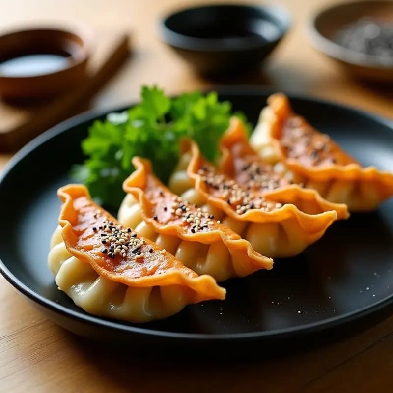 Plato de cerámica negra con gyoza veganos de col rizada y champiñones dorados en airfryer, emplatado japonés con semillas de sésamo negro y salsa de soja al lado.