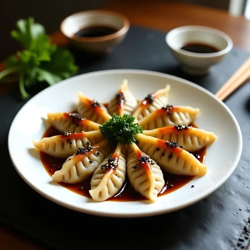 Plato blanco con gyoza de col rizada y shiitake doradas por abajo, dispuestas en círculo y bañadas con salsa teriyaki brillante. Decoradas con semillas de sésamo negro y algas nori. Fondo borroso con palillos y hoja de col rizada.