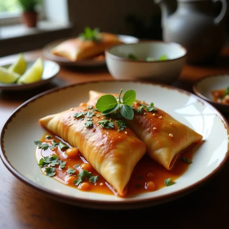 Plato blanco con gyoza veganas de col rizada y shiitake al vapor, dispuestas en círculo sobre una hoja de lechuga. Se aprecian los pliegues característicos de la masa y el relleno verde oscuro. Acompañadas de un bol pequeño con salsa oscura de tamari y semillas de sésamo negro, decoradas con cebollino picado.