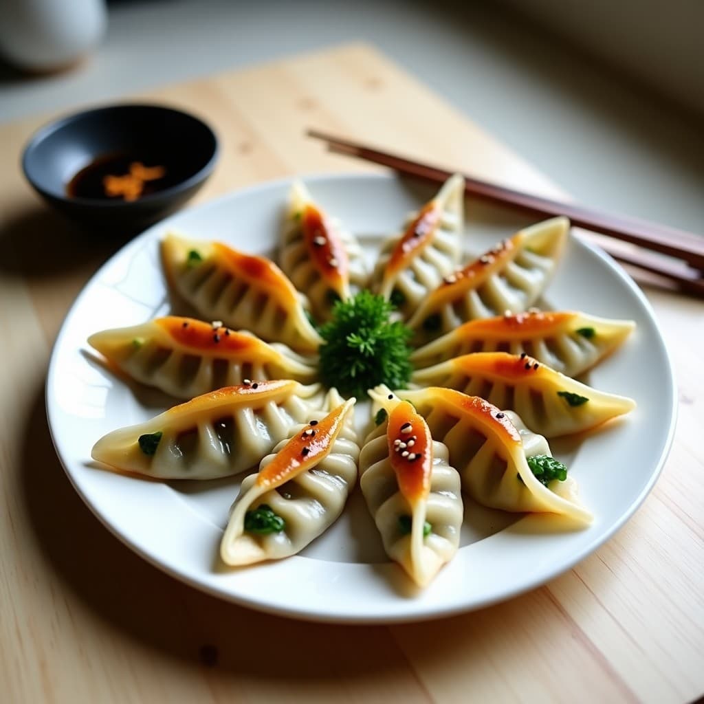 Plato blanco con gyoza veganas de col rizada y champiñones shimeji doradas por abajo, alineadas en semicírculo, con semillas de sésamo negro espolvoreadas y salsa de soja al lado. Receta japonesa en Thermomix.