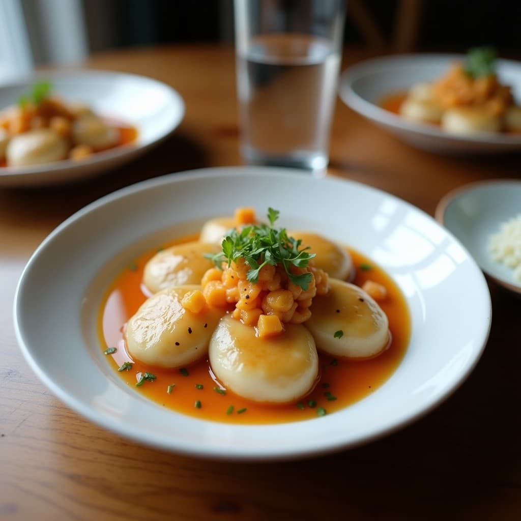 Plato blanco con gyoza dorados de coliflor y camarones, dispuestos en círculo sobre papel de horno, bañados en salsa de miso blanco espesa y decorados con semillas de sésamo negro y cebolla verde picada. Receta japonesa keto en olla express.