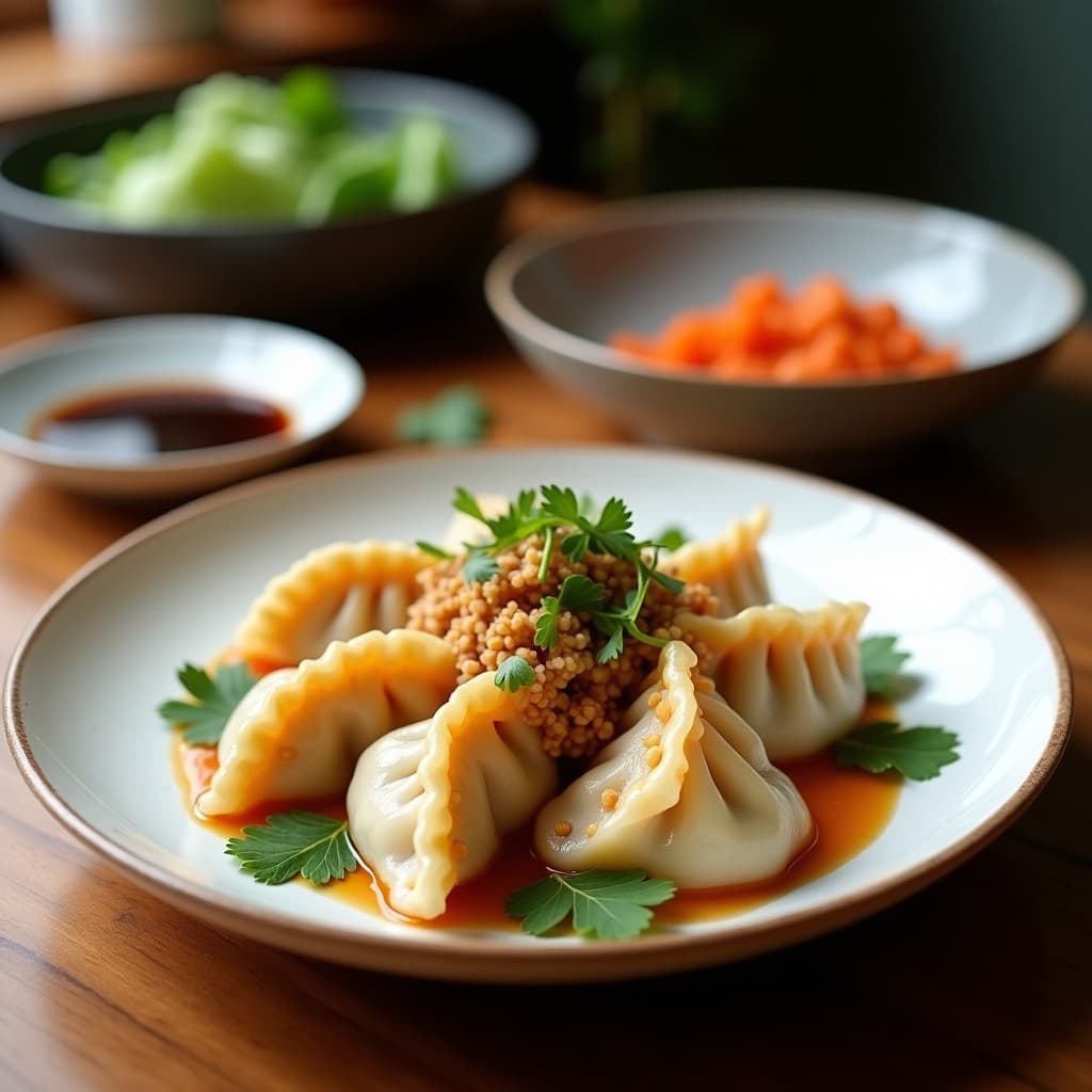 Gyoza doradas y crujientes de coliflor y cerdo ibérico en airfryer, con semillas de sésamo negro espolvoreadas, servidas en un plato de cerámica oscura con una salsa umami de miso blanco al lado.