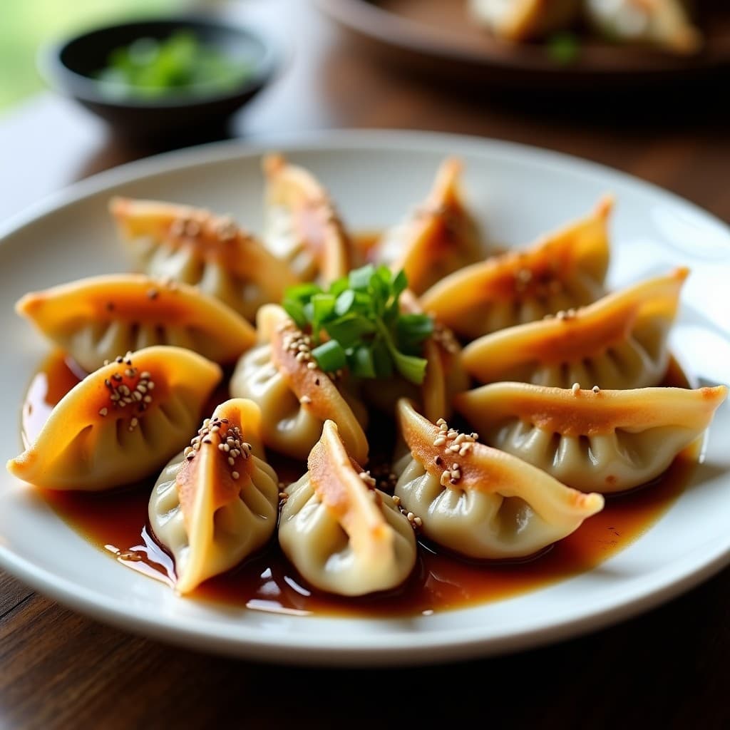 Plato blanco con gyoza de coliflor y cerdo doradas por abajo, servidas en círculo con salsa teriyaki brillante y semillas de sésamo espolvoreadas. Receta japonesa en Thermomix con toque gourmet.