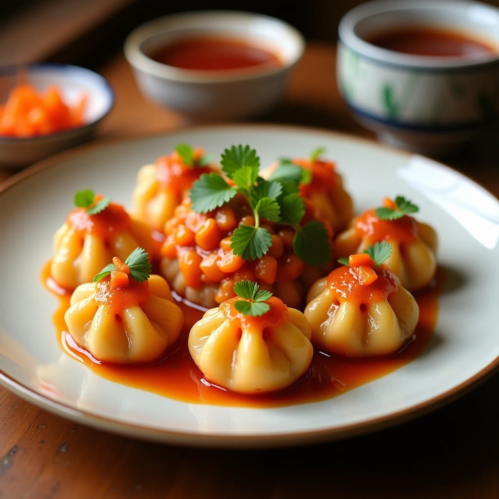 Gyoza dorados y crujientes de coliflor y kimchi en airfryer, servidos en plato negro con salsa gochujang y semillas de sésamo, aperitivo coreano keto.