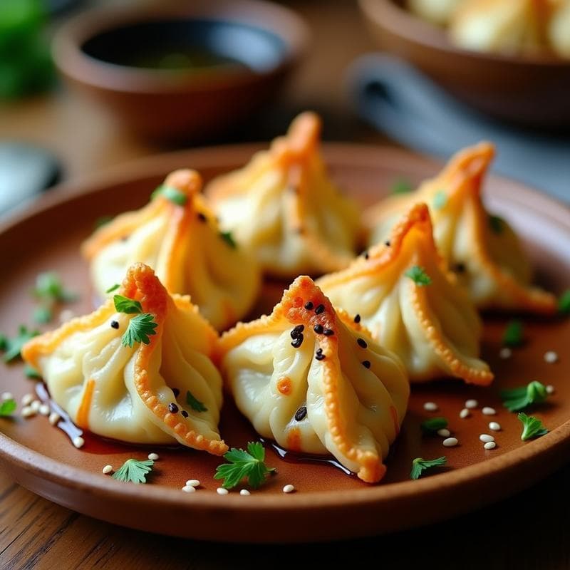 Gyoza doradas y crujientes de coliflor y queso azul servidas en un plato de madera, con semillas de sésamo y perejil picado, receta japonesa sin masa en airfryer.