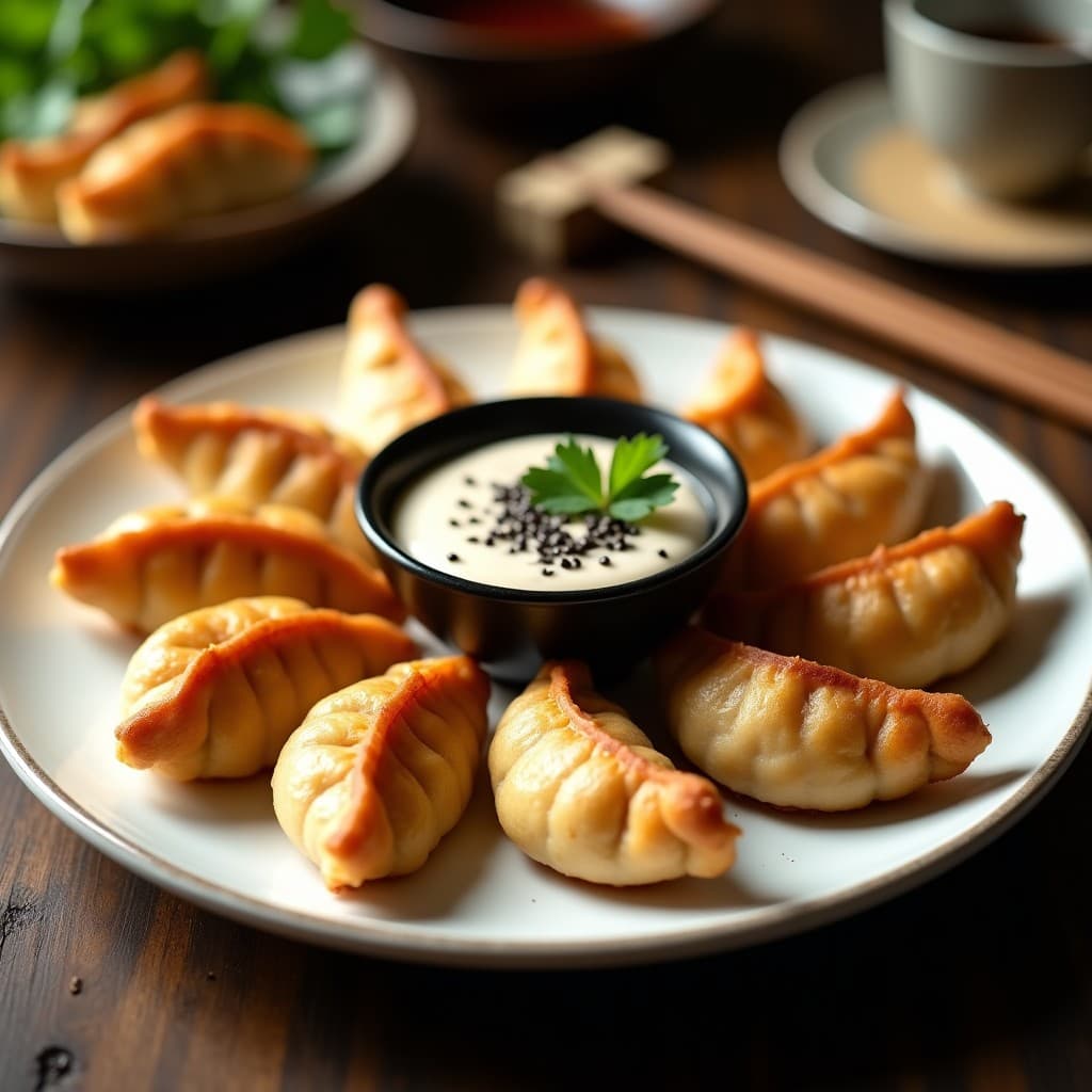 Plato blanco con gyoza de coliflor y shiitake doradas y crujientes, dispuestas en círculo alrededor de un bol pequeño con dip de sésamo negro. Decoradas con semillas de sésamo negro y hojas de cilantro fresco. Receta keto japonesa en airfryer.