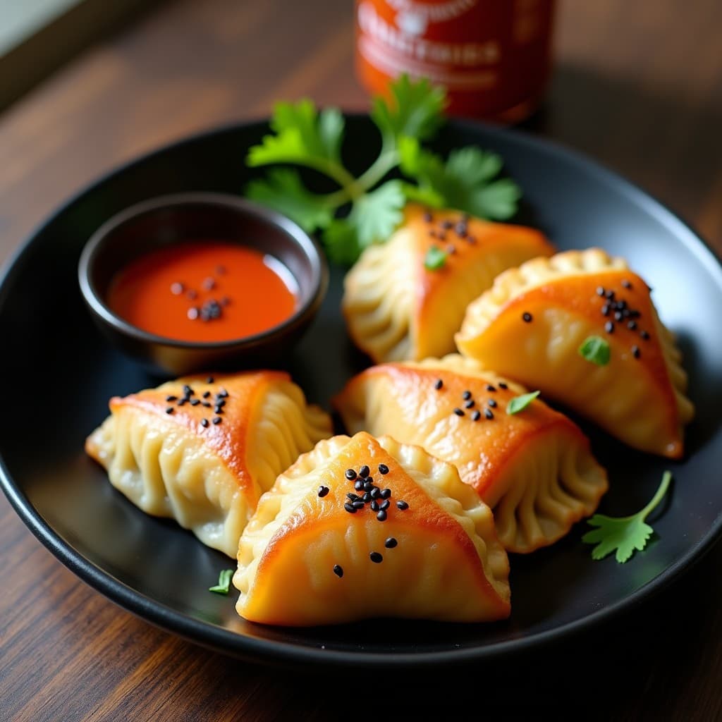 Gyoza veganos de coliflor y tofu dorados en airfryer, servidos en plato negro con salsa de sriracha espesa y semillas de sésamo, decorados con cilantro fresco.