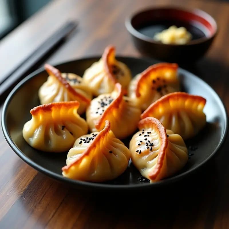 Gyoza doradas y crujientes de colinabo y shitake en airfryer, dispuestas en un plato negro con semillas de sésamo negro y salsa de soja, aperitivo japonés vegano.