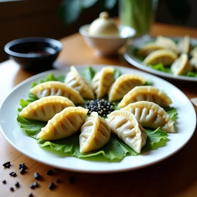 Plato blanco con gyoza de espárragos y tofu sedoso al vapor, dispuestas en círculo sobre hojas de lechuga. Salsa de soja reducida brillante en un cuenco pequeño al lado. Decoración con semillas de sésamo negro y rábanos daikon rallados.