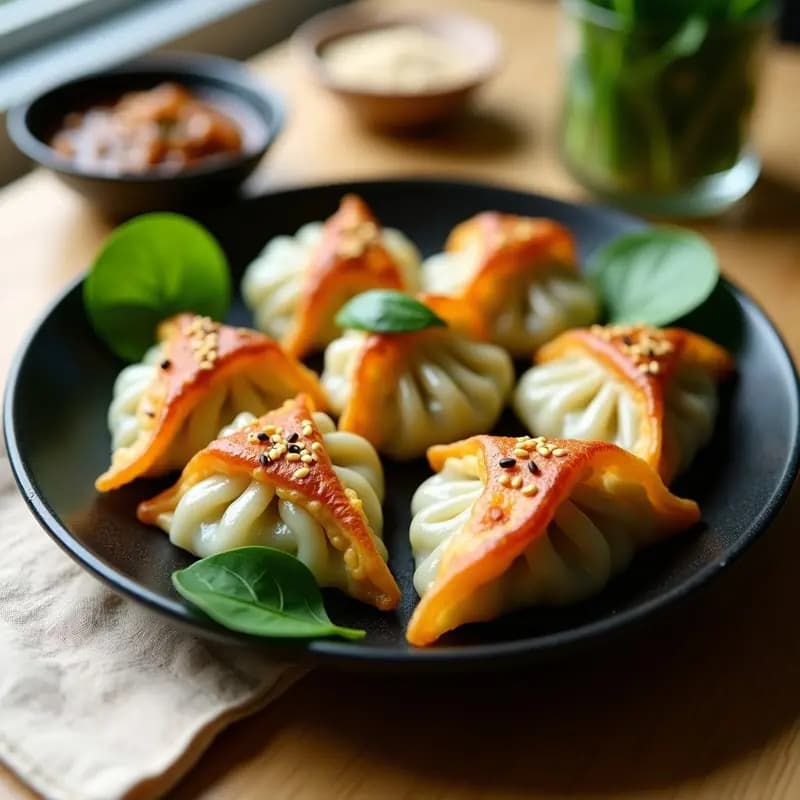 Plato blanco con gyoza japonesas de espinaca y tofu doradas y crujientes, servidas con salsa ponzu en un bol pequeño. Decoradas con semillas de sésamo negro y copos de alga nori, sobre una mesa de madera con fondo oscuro.