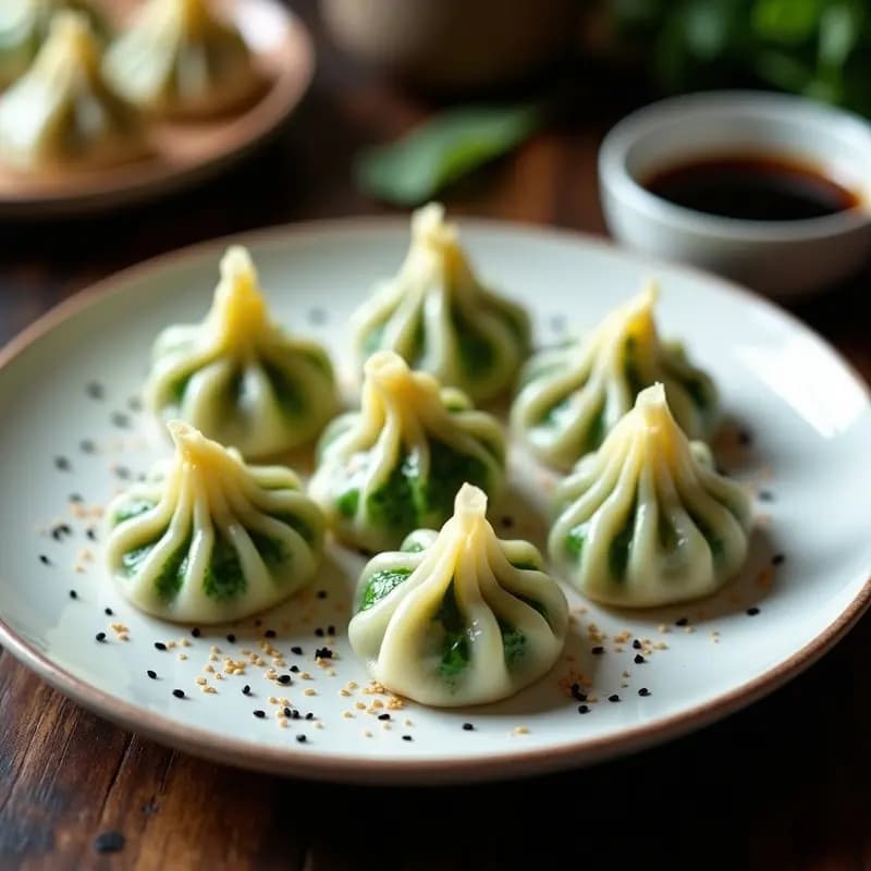 Gyoza japoneses veganos al vapor con relleno de espinacas y queso crema, servidos en un plato de cerámica blanca con semillas de sésamo negro y salsa de soja. Receta de cocina japonesa en Airfryer.