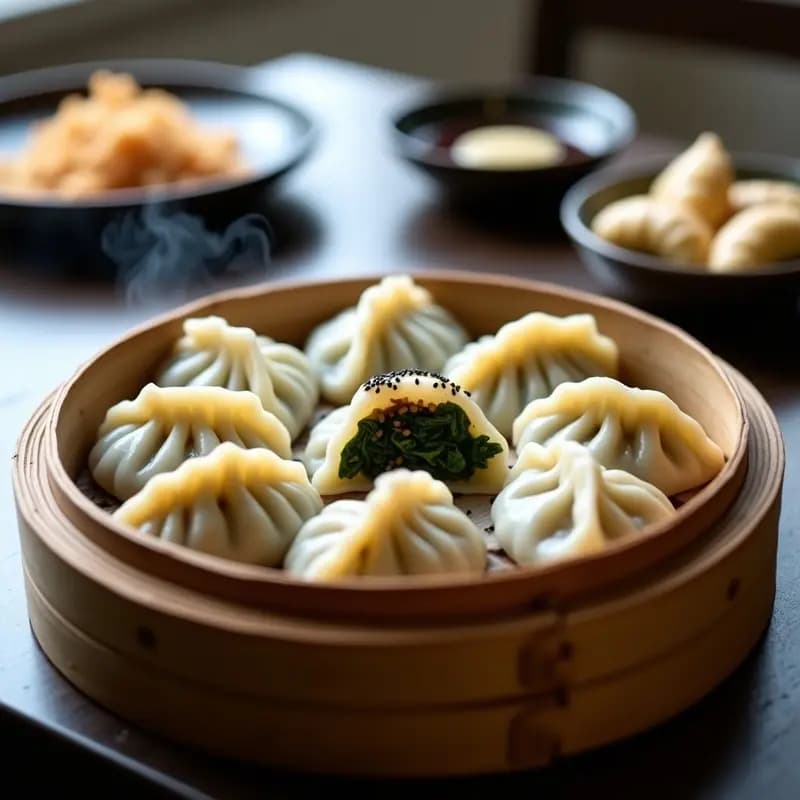 Gyoza al vapor con relleno verde de espinacas y shitake, dispuestos en una vaporera de bambú sobre una mesa de madera. Los dumplings tienen pliegues decorativos y están espolvoreados con semillas de sésamo negro. Acompañados de un cuenco pequeño con salsa de soja y jengibre, en un estilo rústico y auténtico japonés.