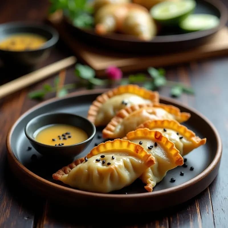 Plato blanco con gyoza veganas de espinacas y tofu doradas por abajo, dispuestas en círculo con salsa ponzu brillante vertida por encima y semillas de sésamo negro espolvoreadas. Receta japonesa vegana en sartén con fondo de madera oscura y hierbas frescas.