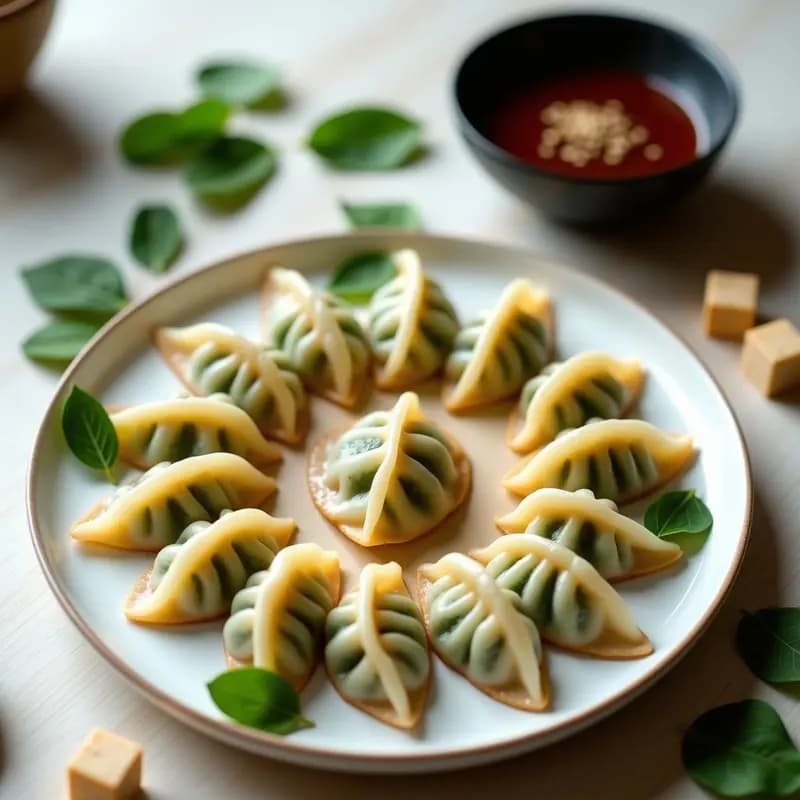 Plato blanco de cerámica con gyoza japonesas de espinacas y tofu al vapor, dispuestas en círculo. Las gyoza tienen un pliegue perfecto en los bordes y un color dorado claro. Acompañadas de un bol pequeño con salsa umami oscura y semillas de sésamo negro y blanco espolvoreadas. Fondo minimalista con vapor visible y hojas de espinaca como decoración.