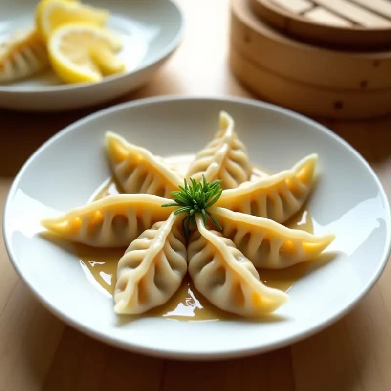 Plato blanco de cerámica con gyoza de gambas y cebollino al vapor dispuestos en círculo, brillantes por la salsa de sésamo y limón que los cubre. Decorados con cebollino picado y semillas de sésamo negro. Fondo minimalista con vapor sutíl y rodajas de limón.