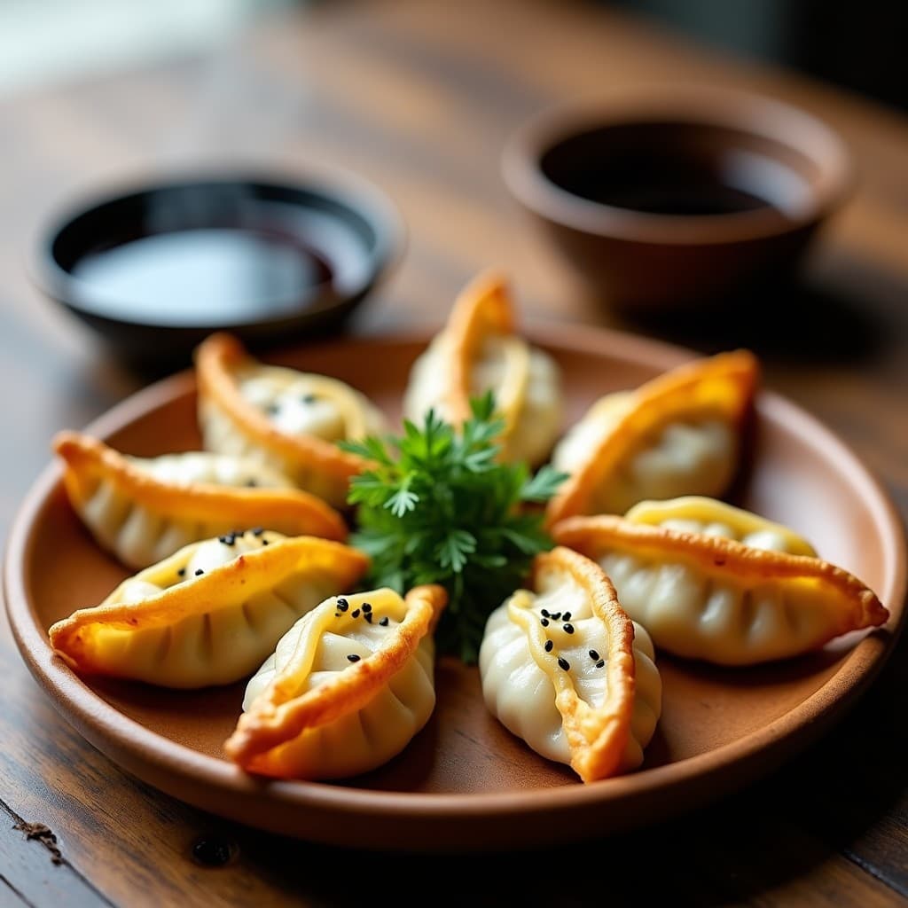 Plato de gyoza japonesa dorada y crujiente rellena de queso halloumi y espárragos trigueros, servida en bandeja de madera con semillas de sésamo espolvoreadas y salsa de soja al lado.