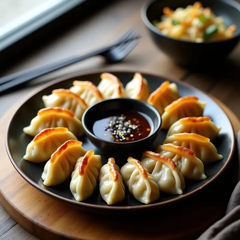 Gyoza veganos dorados y crujientes de hongos shiitake y col china, servidos en un plato de cerámica negra con salsa ponzu y semillas de sésamo negro, receta japonesa en airfryer.