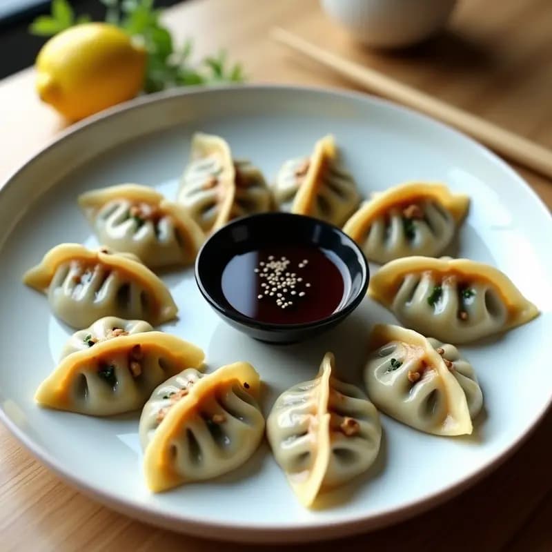 Plato blanco con gyoza japoneses al vapor rellenos de hongos shiitake y espinacas, dispuestos en círculo sobre papel de horno, bañados en salsa umami oscura y decorados con semillas de sésamo negro y germinados de soja.