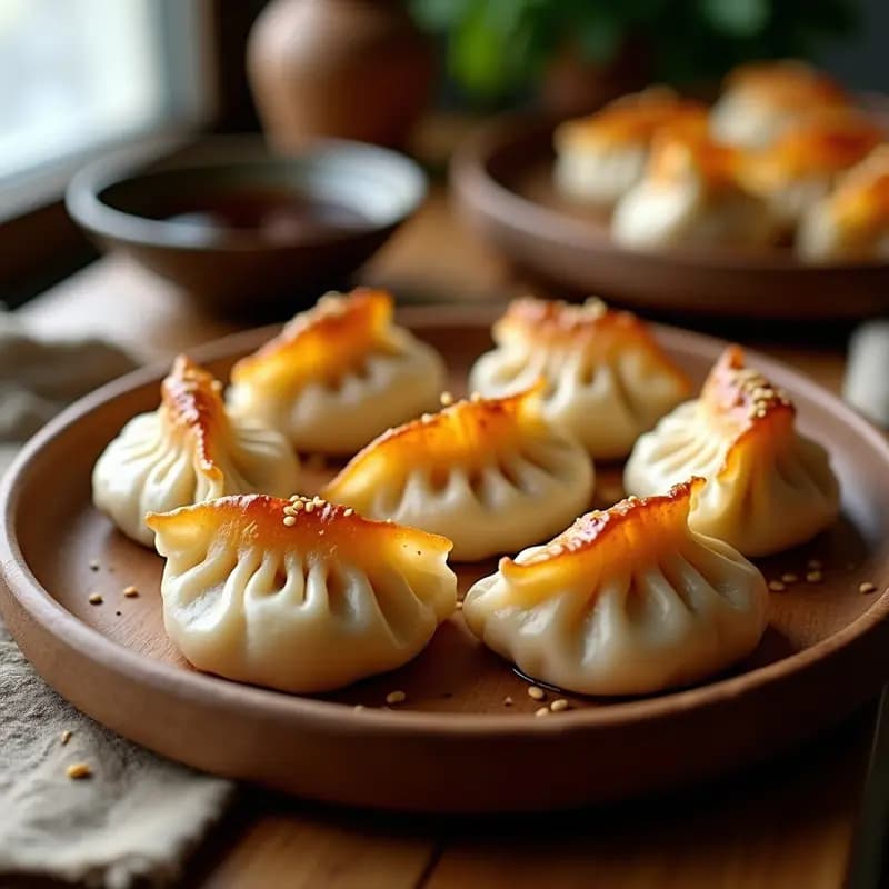 Gyoza japoneses vegetarianos de Hongos Shimeji al vapor en airfryer, dorados y crujientes por abajo, con pliegues perfectos en la masa y un brillo suave por el aceite de sésamo. Servidos en un plato de madera con salsa de soja y semillas de sésamo espolvoreadas.