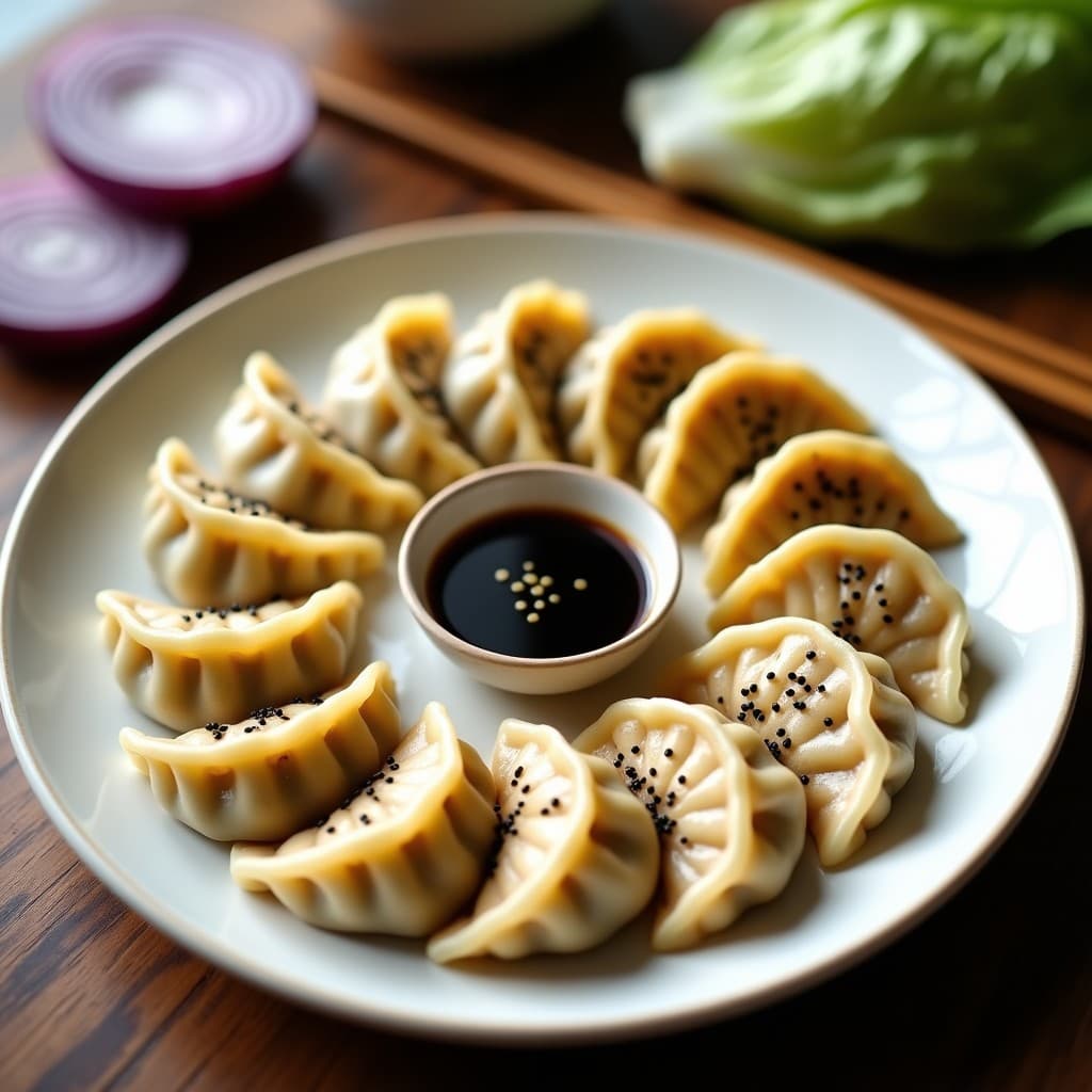 Plato blanco con gyoza veganas de jackfruit y shitake al vapor, servidas en círculo con salsa de soja y semillas de sésamo negro. Fondos de repollo napa y cebolla morada como decoración. Receta japonesa con umami explosivo.