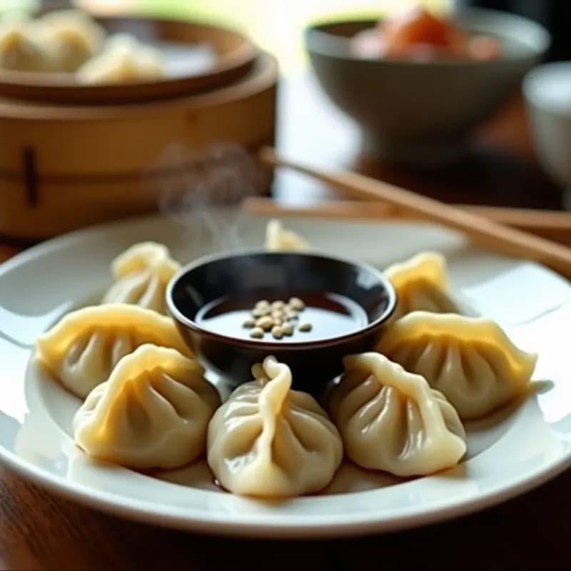 Plato blanco con gyoza japonesa de cerdo y repolejo al vapor, dispuestas en círculo y acompañadas de un bol pequeño con salsa de soja y vinagre. Se aprecian los pliegues de la masa y el relleno jugoso en el interior.