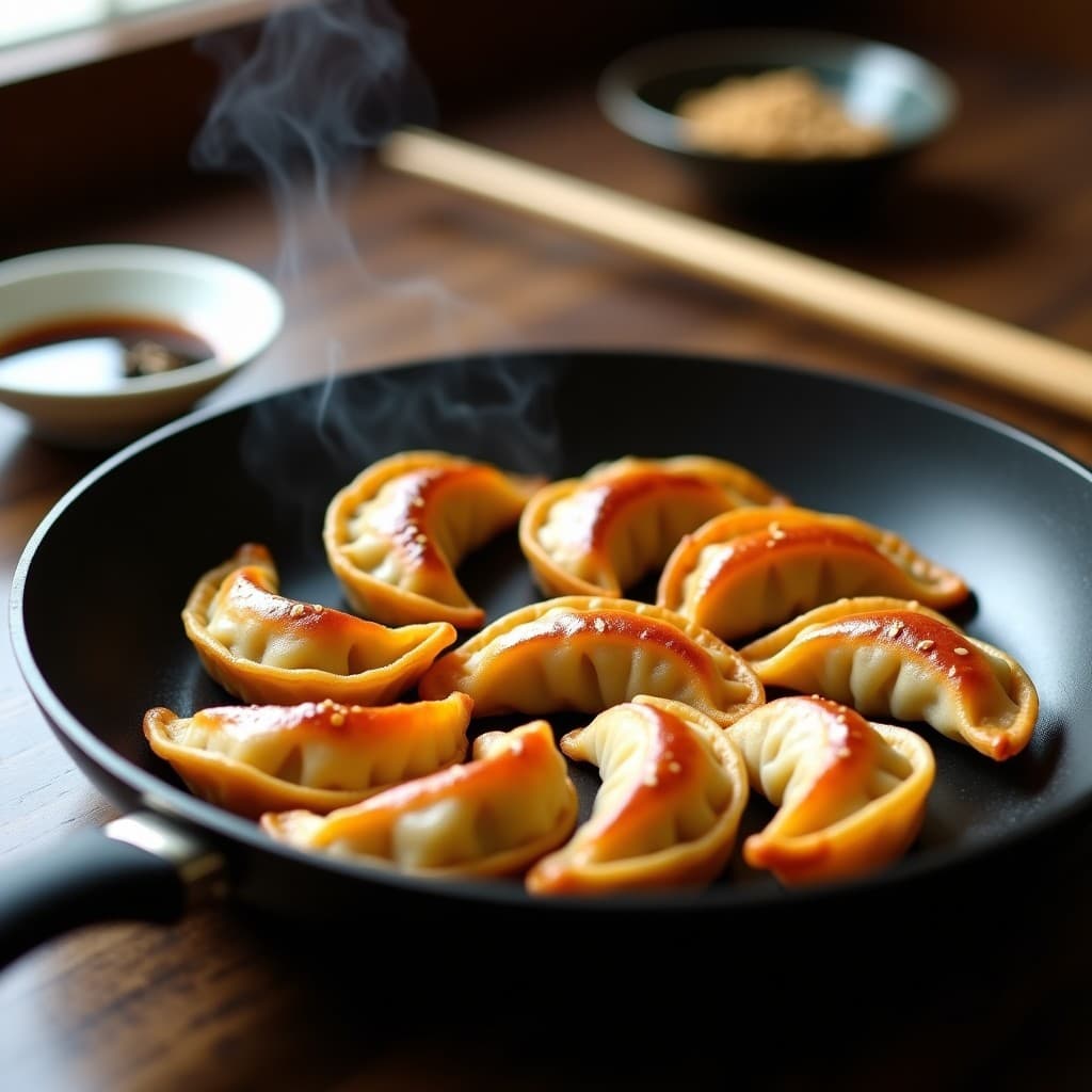 Gyoza de kimchi vegano y tofu sedoso dorados en sartén antiadherente, con base crujiente y relleno jugoso, servidos con salsa de soja y semillas de sésamo. Receta coreana casera y fácil.