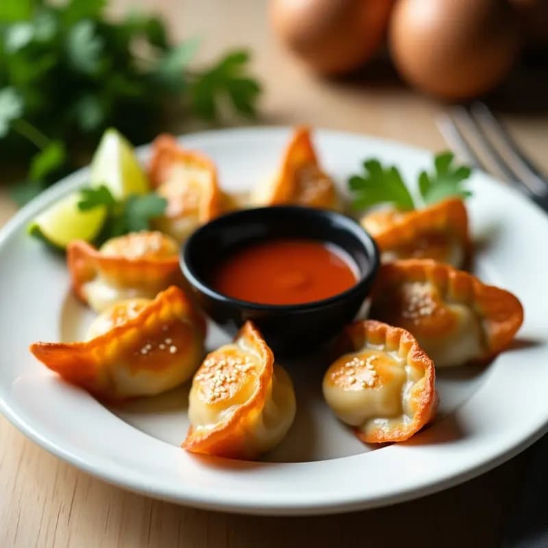 Plato blanco con gyoza de langostinos y cilantro doradas en airfryer, servidas con salsa de chile y lima en un bol pequeño. Decoradas con semillas de sésamo y hojas de cilantro fresco. Fondo de madera clara con limones cortados.