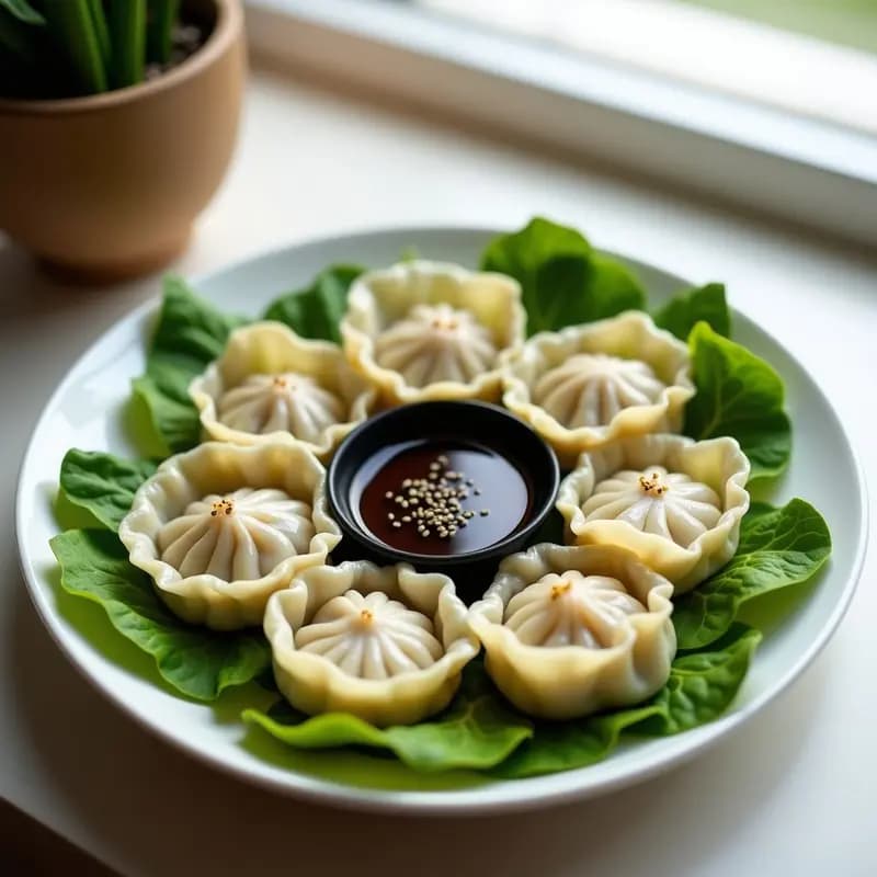 Plato blanco con gyoza de pollo y col rizada al vapor, dispuestas en círculo sobre hoja de lechuga, con salsa de soja y semillas de sésamo al lado. Aperitivo japonés bajo en calorías y saludable.