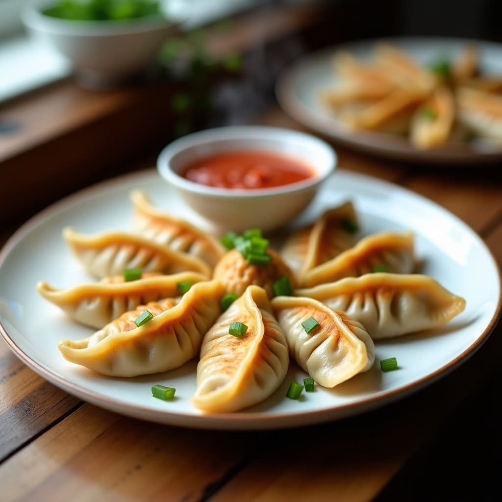 Plato blanco con gyoza vegana al vapor de champiñones portobello y queso de anacardos, dispuestos en círculo sobre hoja de col china, acompañados de un bol pequeño con salsa picante de gochujang roja brillante.