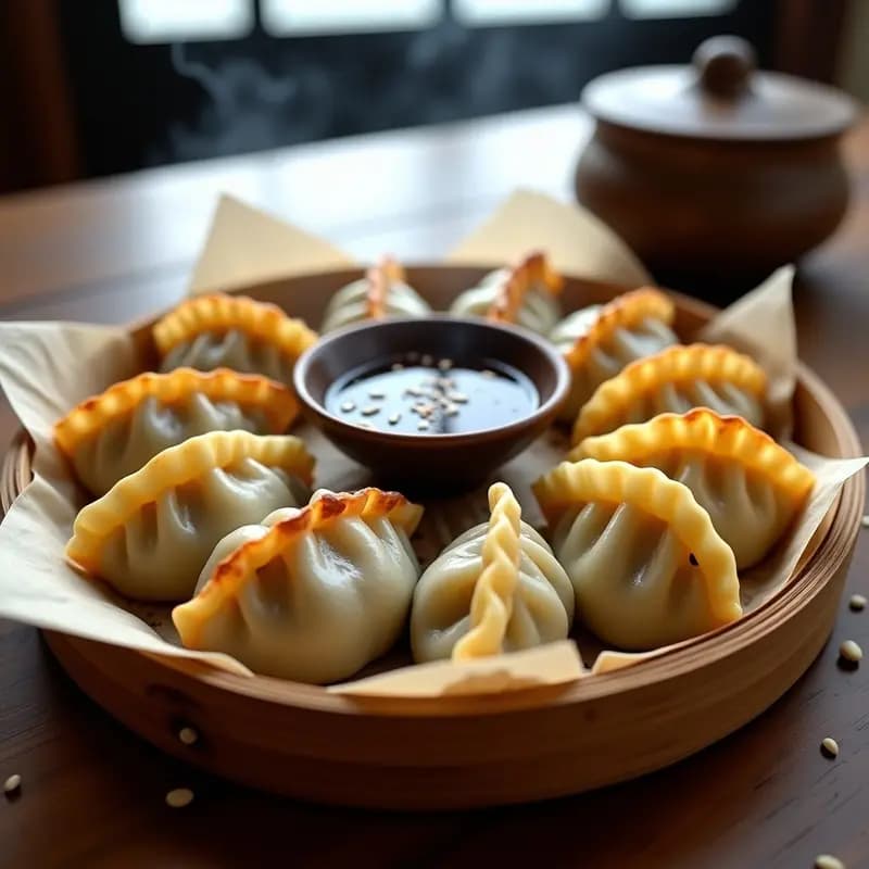 Plato de gyoza al vapor con relleno de repollo y cerdo, servidas en vaporera de bambú, bañadas en salsa de sésamo y chile, decoradas con semillas de sésamo tostadas.