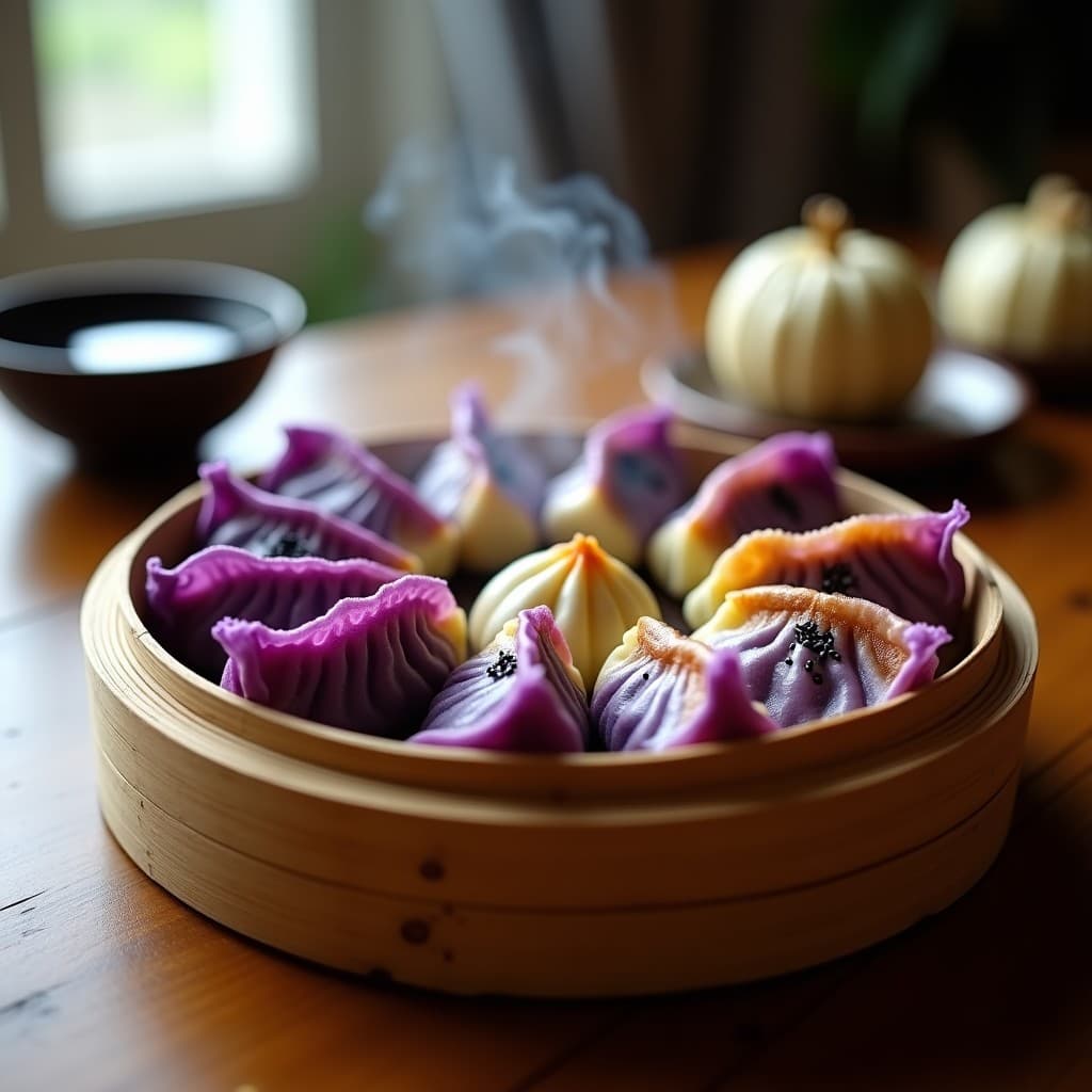Gyoza de repollo morado y tofu al vapor dispuestos en una vaporera de bambú, con su base dorada y crujiente, rodeados de semillas de sésamo negro y una salsa oscura para mojar.