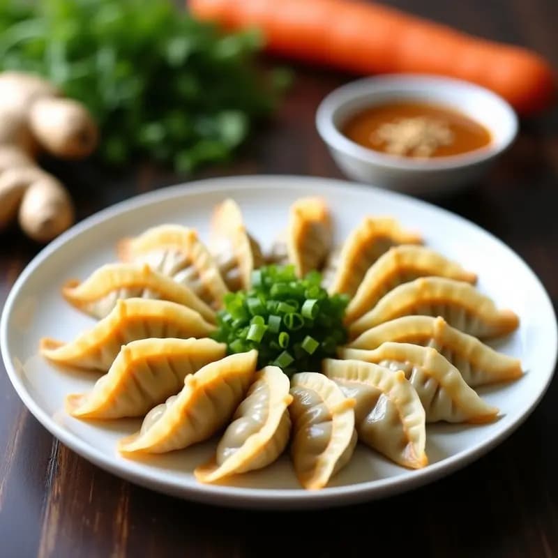 Plato blanco con gyoza japonesas veganas al vapor, rellenas de repollo y zanahoria, dispuestas en círculo sobre hoja de lechuga. Acompañadas de un bol pequeño con salsa de sésamo espesa y semillas de sésamo espolvoreadas. Fondos desenfocados de ingredientes como jengibre y cebollino.