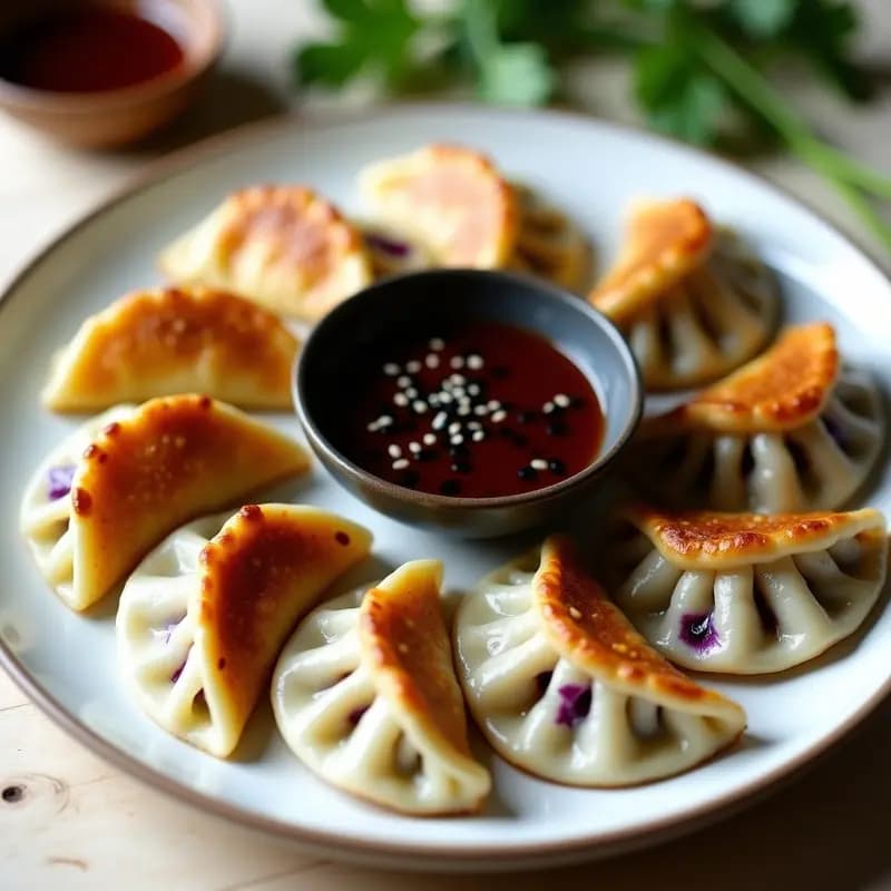 Plato blanco con gyoza de setas shiitake y repollo morado doradas por abajo, dispuestas en círculo y acompañadas de una salsa umami oscura con semillas de sésamo negro. Fondo de madera clara con hierbas frescas y un cuenco pequeño con más salsa.