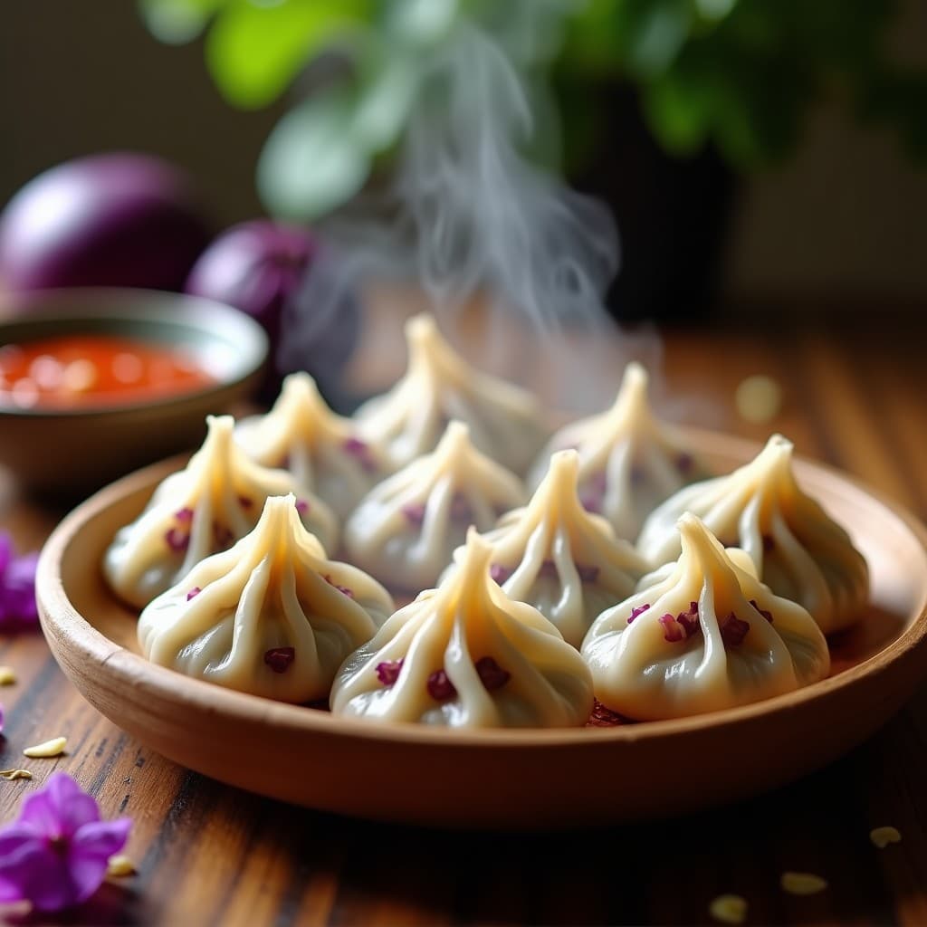 Plato de bambú con gyoza veganos al vapor de shitake y repollo morado, brillantes y tiernos, acompañados de un bol pequeño con salsa de chili crisp rojiza y textura crujiente. Fondos de verduras y vapor visible.