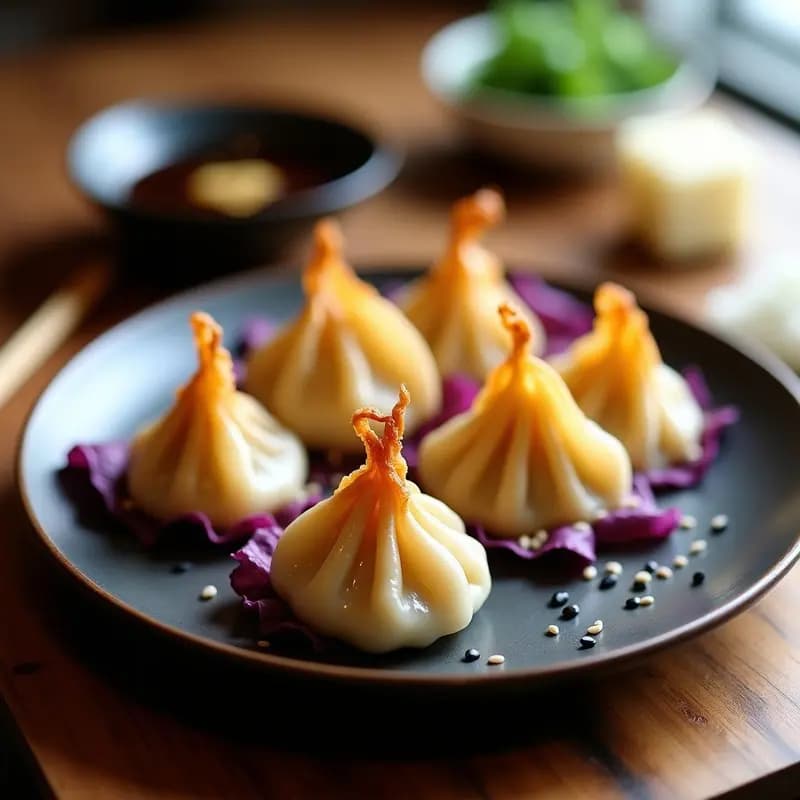 Gyoza japonesas de tofu y repollo morado doradas en airfryer, con textura crujiente y relleno jugoso, servidas en plato de cerámica negra con semillas de sésamo y salsa de soja.