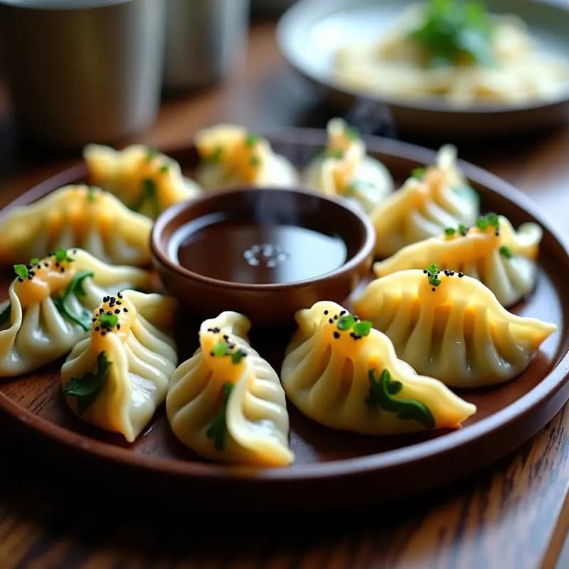 Plato de gyoza al vapor perfectamente cocidos, rellenos de espinaca fresca y queso de soja cremoso, servidos con salsa umami y decorados con semillas de sésamo negro sobre fondo de madera oscura.
