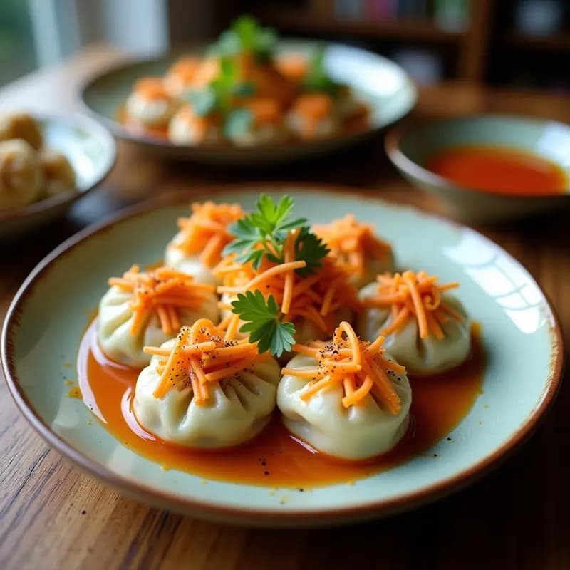 Plato de gyoza vegana de repollo y zanahoria con salsa ponzu, aperitivo japonés sin gluten, doradas y crujientes servidas en bandeja de madera con salsa ponzu en cuenco aparte.
