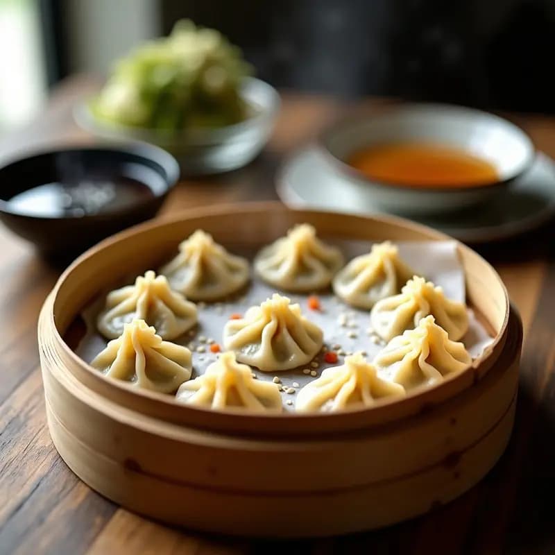 Gyoza japonesas veganas al vapor con relleno de col blanca y champiñones shimeji, dispuestas en una vaporera de bambú sobre papel de horno, espolvoreadas con semillas de sésamo blanco y acompañadas de un bol pequeño con salsa de soja y jengibre.
