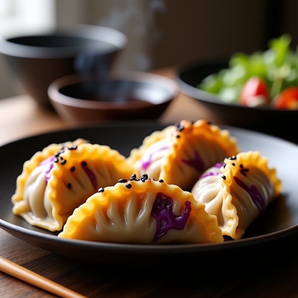 Gyoza veganas doradas y crujientes de repollo morado y shiitake sobre un plato negro, con semillas de sésamo negro espolvoreadas y una salsa oscura al lado, receta japonesa en airfryer.
