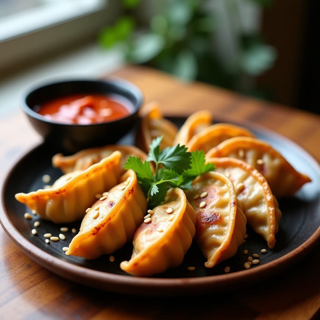 Gyoza veganas doradas y crujientes de repollo morado y tofu, dispuestas en un plato de cerámica negra con salsa de chile y ajo, semillas de sésamo negro y cilantro fresco. Receta en airfryer, fondo minimalista con toques de color morado y verde.