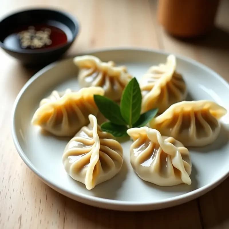 Plato blanco con 6 gyoza al vapor dispuestos en círculo, rellenos de hongos shiitake y tofu, con bordes bien sellados y pliegues decorativos. Acompañados de una salsa oscura de sésamo y hojas de shiso frescas, sobre fondo de madera clara.