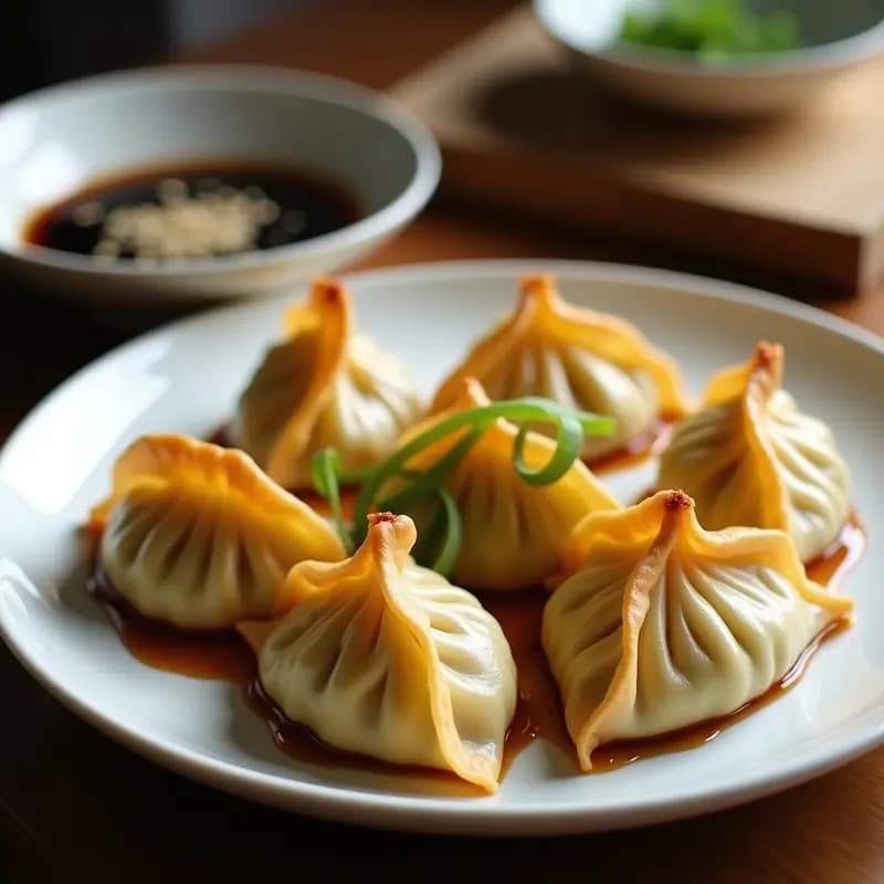 Gyozas veganas de calabacín y tofu ahumado al vapor en Airfryer, doradas y jugosas, servidas en un plato blanco con salsa de soja y semillas de sésamo, receta japonesa fácil y saludable.